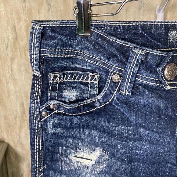 Silver Jeans Womens W29/L31 Blue Tuesday Bootcut Distressed Rip Cowgirl Chic - Picture 7 of 14